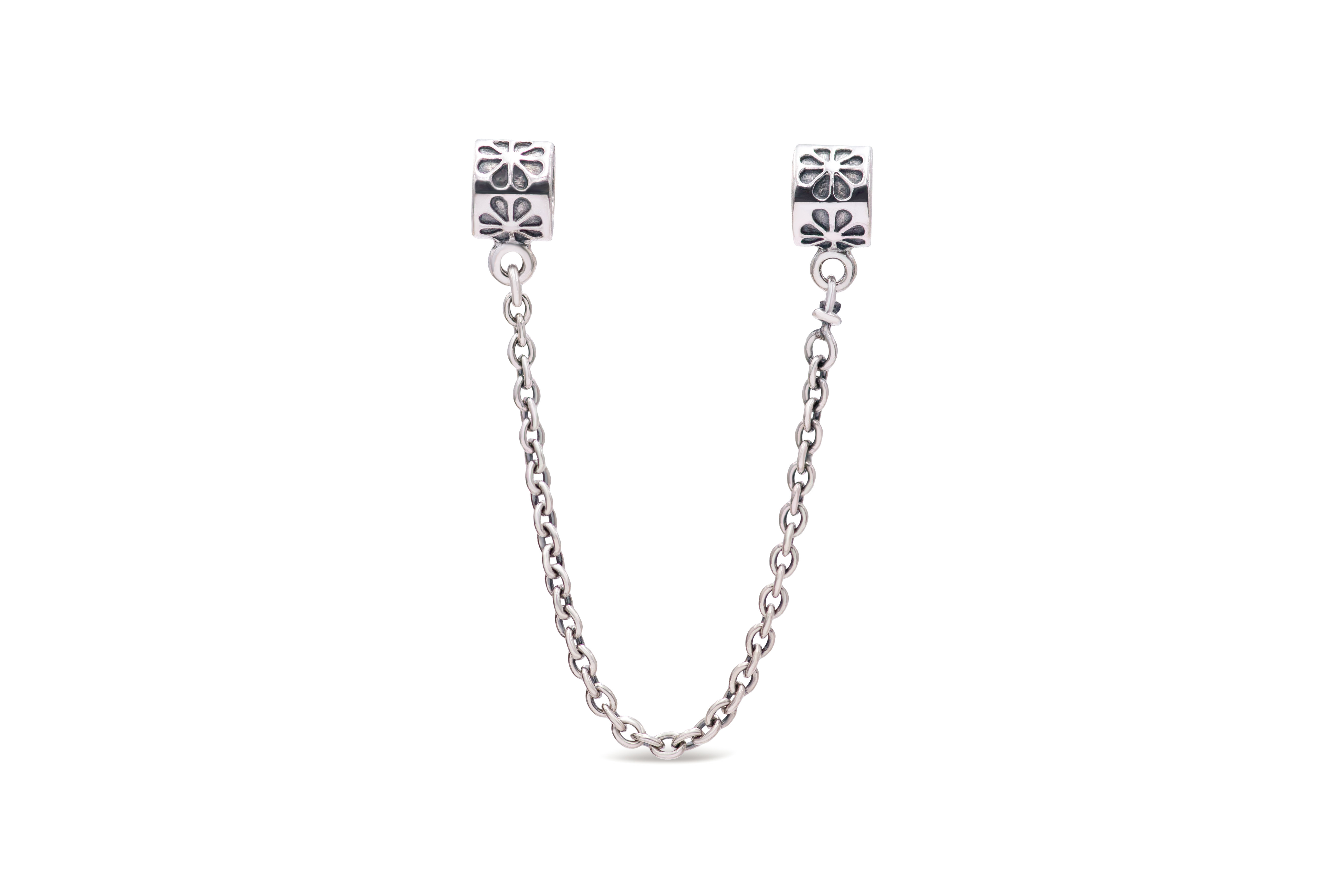 Pandora Silver Flower Charm With Safety Chain