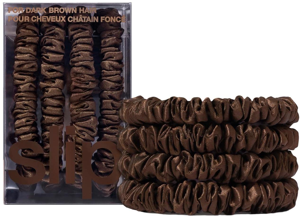 Slip Silk Skinny Scrunchies  - Elastic Scrunchies Set (Set Of 4) - Dark Brown