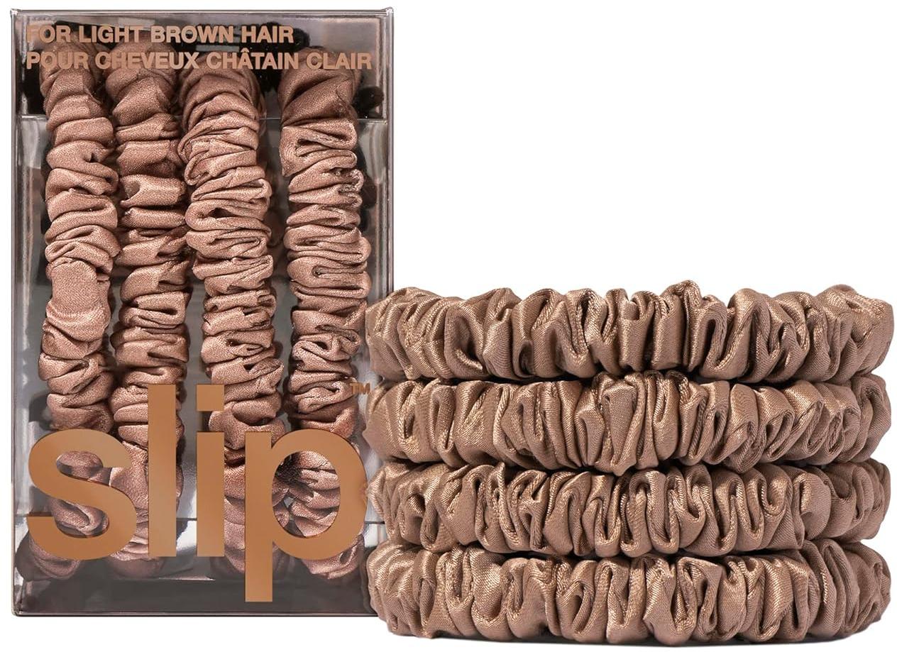 Slip Silk Skinny Scrunchies - Elastic Scrunchies Set (Set Of 4) - Light Brown