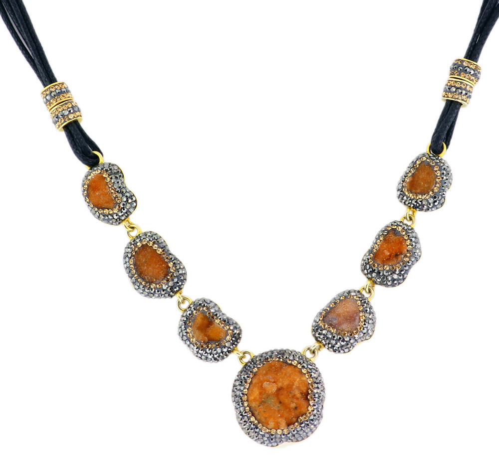 925 Sterling Silver 7 Stone Orange Druzy Necklace - DRZ07