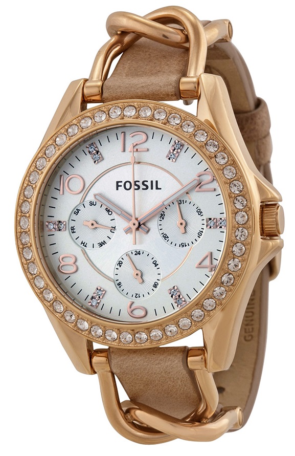 Fossil Riley Multifunction Rose Gold-Tone and Leather Ladies Watch ES3466