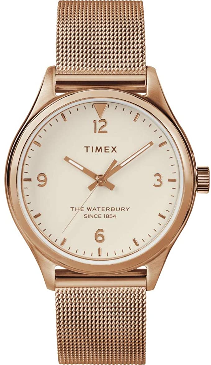 Timex Waterbury Traditional Womens 34mm Rose Gold-tone Case Cream Dial Mesh Band