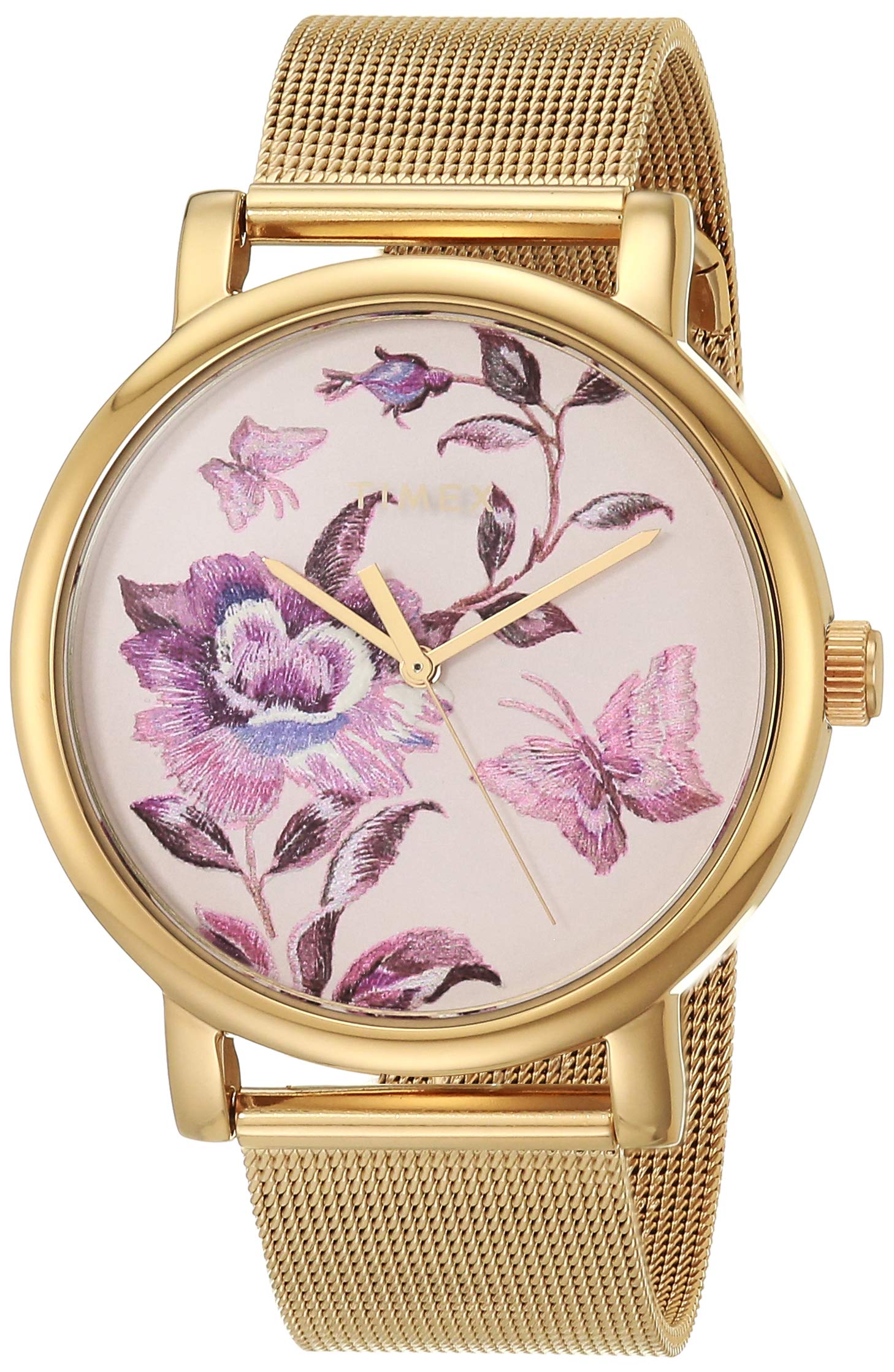 Timex Womens Full Bloom 38mm Gold-tone Case Pink Floral Dial Mesh Band