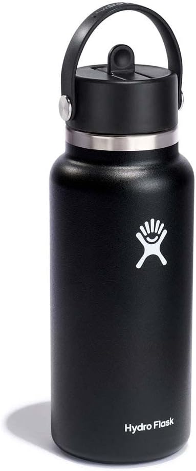 Hydro Flask Vacuum Insulated Stainless Steel Water Bottle Flask - Wide Closeable Straw Lid - 32 oz - Black